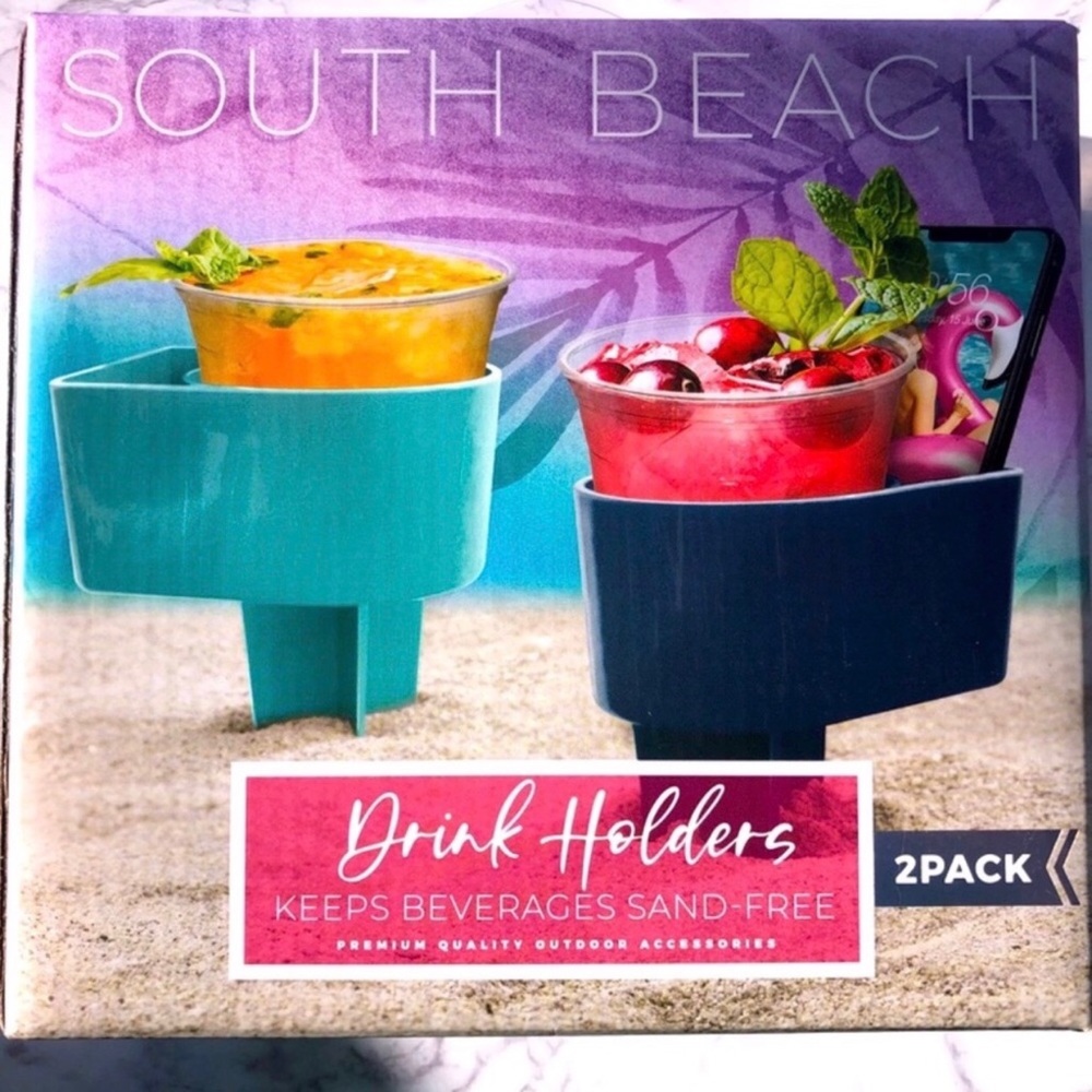 SOUTH BEACH Stick in Sand Drink Holders Slot for Your Phone Teal and Navy NIB